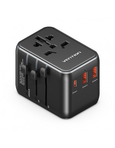 Vention Cargador de Viaje Universal - 1xUSB-C-2xUSB - 20W - Color Negro