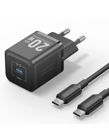 Vention Cargador de Pared GaN USB-C 20W - Cable USB-C 1m - Color Negro