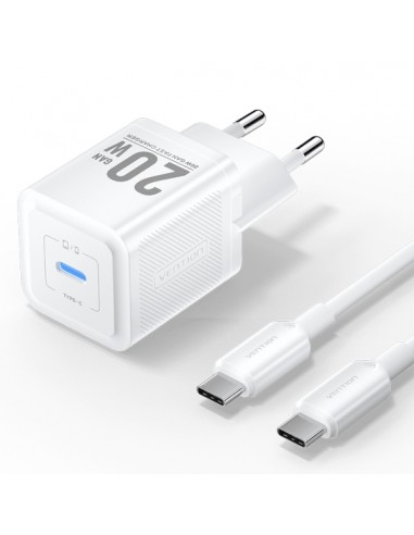 Vention Cargador de Pared GaN USB-C 20W - Cable USB-C 1m - Color Blanco