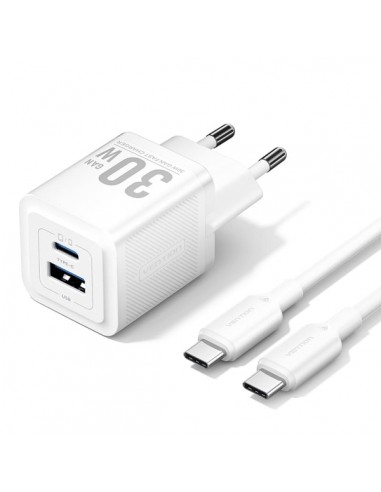 Vention Cargador de Pared GaN USB-C 30W - Cable USB-C 1m - Color Blanco