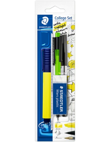 Staedtler Pack Escolar Compuesto por 1 Marcador Amarillo-1 Goma de Borrar-1 Boligrafo Negro-1 Portaminas de 0.5mm-1
