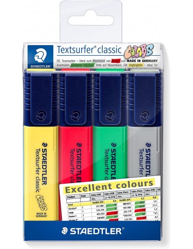 Staedtler Textsurfer Classic 364 Pack de 4 Marcadores Fluorescentes - Punta Biselada 1 - 5mm Aprox - Secado Rapido - Colores