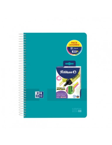 Oxford Europeanbook 8 Live & Go Pack de Cuaderno Espiral A4-160 Hojas Cuadricula 5x5-4 Marcadores Texmarker 490 Pelikan -