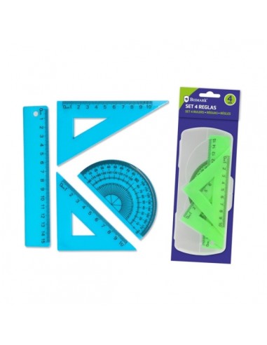 Bismark Pack de 4 Reglas para Dibujo - Incluye Regla 15cm-Escuadra 10cm-Cartabon 10cm y Transportador de Angulos - Caja