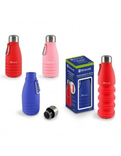Bismark Botella de Silicona Plegable 550ml - Tapon de Acero Inoxidable - Mosqueton de Transporte - Colores Rosa-Rojo y Azul