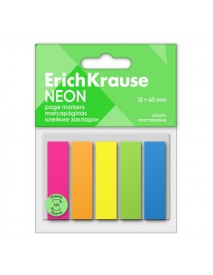ErichKrause Pack de 5 Blocs de 25 Marcadores de Pagina de Plastico 12x45mm - Colores Amarillo-Azul-Naranja-Verde y Rosa