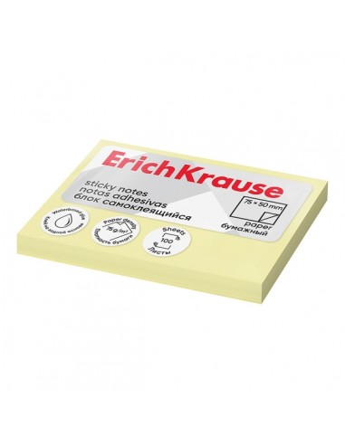 ErichKrause Bloc de 100 Notas Adhesivas 50x75mm - Removibles - Color Amarillo Claro
