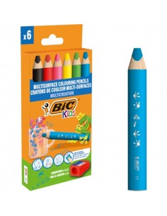 Bic Kids Multisuperficie Pack de 6 Lapices de Colores-Sacapuntas - Cuerpo Triangular - Minas Borrables en Superficies No