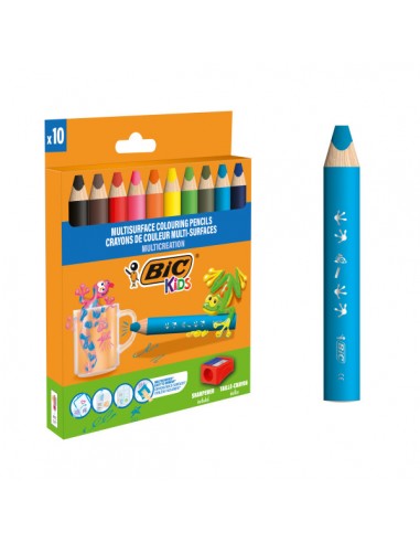 Bic Kids Multisuperficie Pack de 10 Lapices de Colores-Sacapuntas - Cuerpo Triangular - Minas Borrables en Superficies No