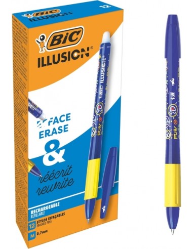 Bic Illusions Boligrafo Borrable - Punta Media de 0.7mm - Grip de Goma - Recargable - Color Azul