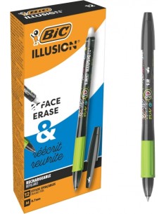 Bic Illusions Boligrafo Borrable - Punta Media de 0.7mm - Grip de Goma - Recargable - Color Negro