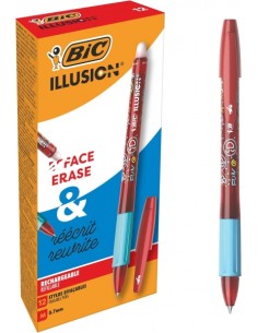 Bic Illusions Boligrafo Borrable - Punta Media de 0.7mm - Grip de Goma - Recargable - Color Rojo