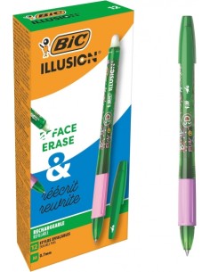 Bic Illusions Boligrafo Borrable - Punta Media de 0.7mm - Grip de Goma - Recargable - Color Verde