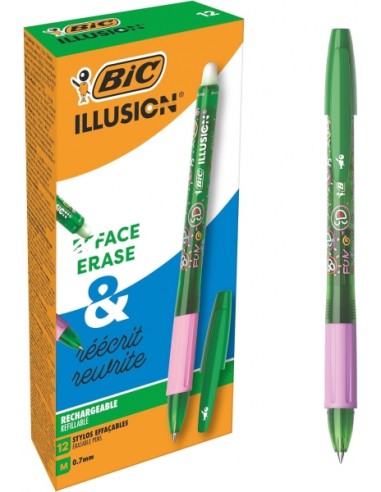 Bic Illusions Boligrafo Borrable - Punta Media de 0.7mm - Grip de Goma - Recargable - Color Verde