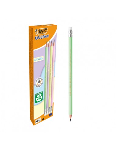 Bic Evolution Pastel Lapiz de Grafito Hexagonal con Goma - Mina HB Ultrarresistente - Sin Madera - No se Astilla - Colores