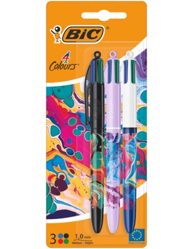 Bic 4 Colours Decors Hydro Pack de 3 Boligrafos de Bola Retractil - Punta Media de 1.0mm - Tinta con Base de Aceite - 4