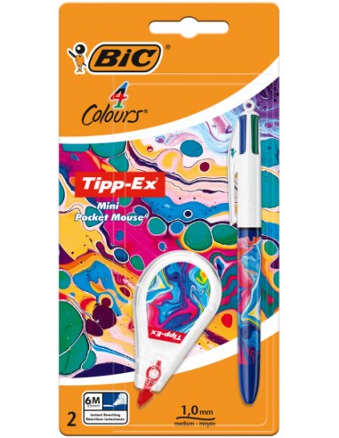 Bic 4 Colours Decors Hydro Pack de 1 Boligrafo de Bola Retractil-Corrector Pocket Mouse 5mmx6m - Punta Media de 1.0mm -