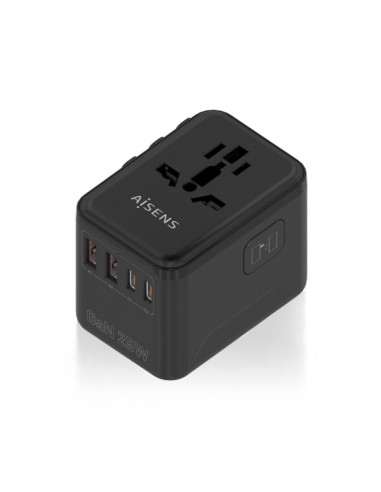 Aisens Adaptador de Viaje Universal GaN 25W - 2xUSB-A QC3.0-2xUSB-C PD3.0 - Color Negro