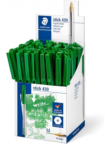 Staedtler Stick 430 Boligrafo con Capuchon - Punta 0.35mm - Tinta Endeleble - Color Verde