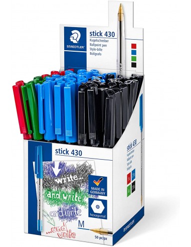 Staedtler Stick 430 Pack de 50 Boligrafos - Punta 0.35mm - Tinta Endeleble - Colores Surtidos