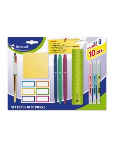 Bismark Pack Escolar con Regla Flexible 15cm-Boligrafo 4 Colores-3 Marcadores Fluorescentes Doble Punta-Taco Notas