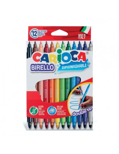 Carioca Birello Pack de 12 Rotuladores - Doble Punta Fina y Media - Tinta Superlavable No Toxica - Lavable de la Piel y