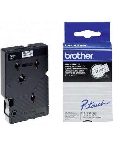 Brother TC201 Cinta Laminada Original para Rotuladora - Texto Negro sobre Fondo Blanco - Ancho 12mm x 7 metros