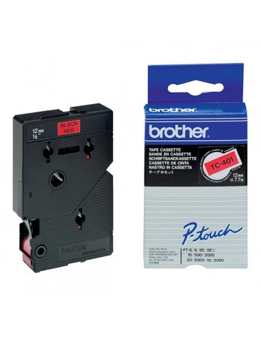Brother TC401 Cinta Laminada Original para Rotuladora - Texto Negro sobre Fondo Rojo - Ancho 12mm x 7 metros