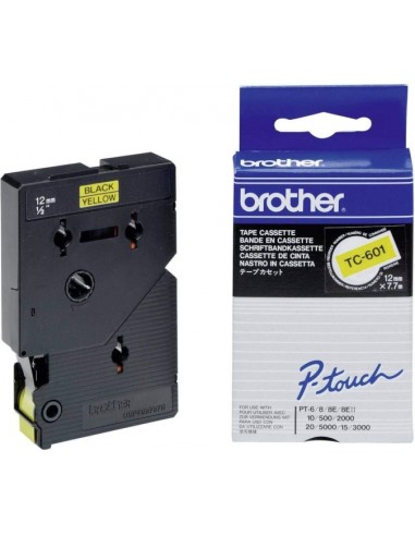 Brother TC601 Cinta Laminada Original para Rotuladora - Texto Negro sobre Fondo Amarillo - Ancho 12mm x 7 metros