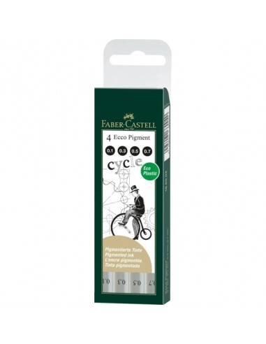 Faber-Castell Ecco Pigment Pack de 4 Rotuladores Calibrados 0.1-0.3-0.5-0.7mm - Punta Engastada en Metal - Tinta