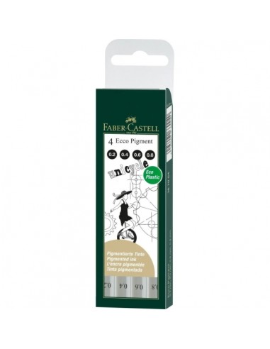 Faber-Castell Ecco Pigment Pack de 4 Rotuladores Calibrados 0.2-0.4-0.6-0.8mm - Punta Engastada en Metal - Tinta
