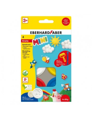 Eberhard Faber Mini Kids Pack con 4 Botes 50gr de Pasta de Modelar-2 Herramientas - 90-Ingredientes Naturales - Facil de