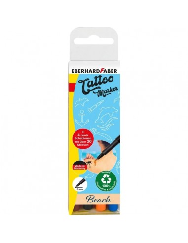 Eberhard Faber Tattoo Marker Beach Pack de 4 Rotuladores para Tatuajes Temporales-4 Plantillas con mas de 20 Motivos -