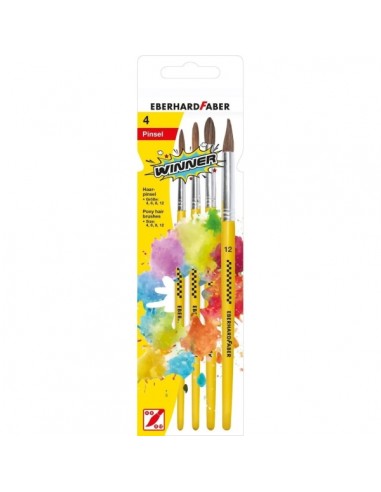 Eberhard Faber Winner Pack con 4 Pinceles de Pelo Poni Tamaños 4-6-8-12 - Virola de Aluminio
