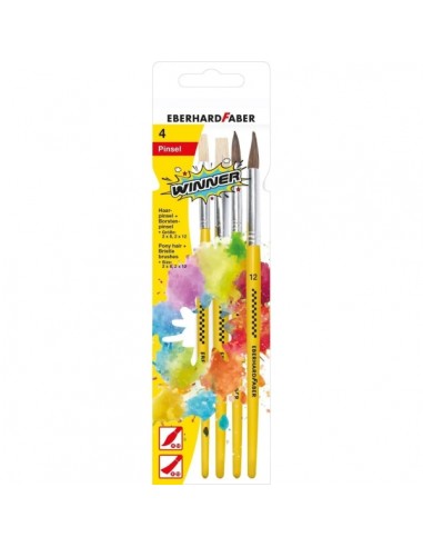 Eberhard Faber Winner Pack con 4 Pinceles de Pelo Cerda y Pelo Poni Tamaños 8-12 - Virola de Aluminio