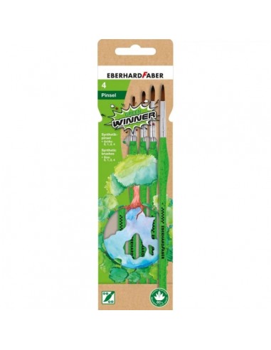Eberhard Faber Green Winner Pack con 4 Pinceles de Pelo Sintetico Tamaños 0-1-2-4 - Agarre Ergonomico - Fabricados con un