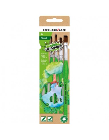 Eberhard Faber Green Winner Pack con 4 Pinceles de Pelo Sintetico Tamaños 4-6-8-12 - Agarre Ergonomico - Fabricados con