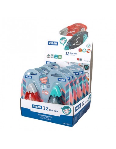 Milan Expositor de 12 Cintas de Pegamento 8 4mm x 12m - Diseño Ergonomico - Secado Rapido - Ideal Manualidades - Colores