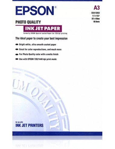 Epson Photo Quality Ink-Jet Pack de 100 Hojas de Papel Fotografico A3 Especial Ink-Jet 102g m² - Acabado Mate - Color Blanco