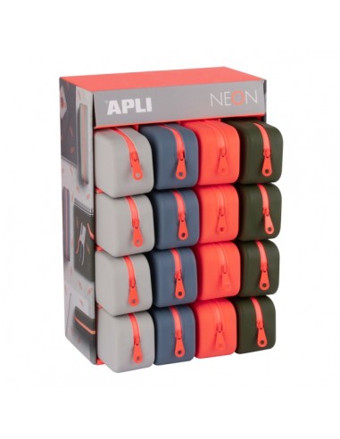 Apli Neon Expositor de 16 Estuches de Silicona Rectangular - Cremallera Repelente al Agua - Medidas 75x185x55mm - Colores