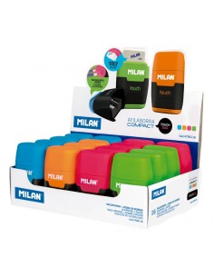 Milan Compact Fluo Expositor de 16 Afilaborras - Uso Estandar y Maxi - Cuchilla de Acero - Goma de Borrar - Cuchilla de