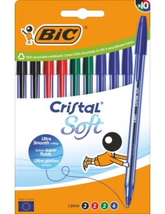 Bic Cristal Soft Pack de 10 Boligrafos de Bola - Punta Media de 1.2mm - Trazo 0.45mm - Escritura mas Fluida - Colores Surtidos