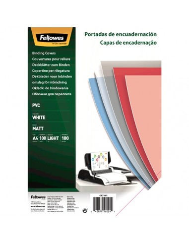 Fellowes Pack de 100 Portadas para Encuadernar de PVC A4 - 180 Micras - Alta Calidad - Color Blanco