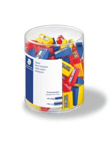 Staedtler Pack de 100 Sacapuntas de Plastico - 1 Agujero - Angulo de Afilado de 23° - Colores Surtidos