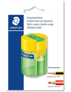 Staedtler 512 Sacapuntas de Plástico Doble Uso - Angulo de Afilado 23-y 30-- 2 Agujeros - Deposito - Colores Surtidos