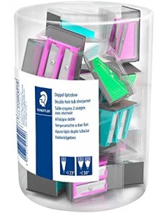 Staedtler Expositor con 18 Sacapuntas de Plastico - 2 Agujeros - Angulo de Afilado 23° y 30° - Colores Surtidos