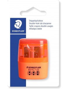 Staedtler Sacapuntas Doble Uso con Deposito - 2 Agujeros - De 8.2mm hasta 10.2mm - Color Naranja Neon