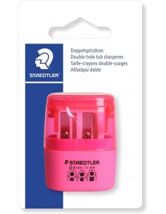 Staedtler Sacapuntas Doble Uso con Deposito - 2 Agujeros - De 8.2mm hasta 10.2mm - Color Rosa Neon