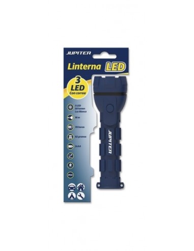 Jupiter Linterna de Luz Blanca 3 LED 50lm - Cuerpo de Goma - Resistencia IP44 - Funciona con 2 Pilas AA (Incluidas) - Color
