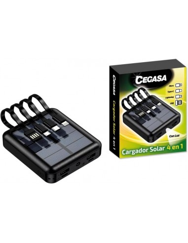 Cegasa Powerbank Solar 4 en 1 5.000mAh - Salidas USB-C-Lighting-USB-A-Micro USB - Con Linterna - Color Negro